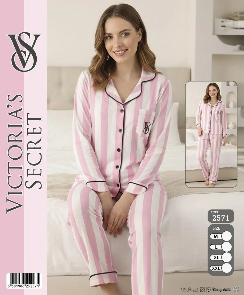 Kadın Pembe Beyaz Çizgili Uzun Kollu Pijama Takımı