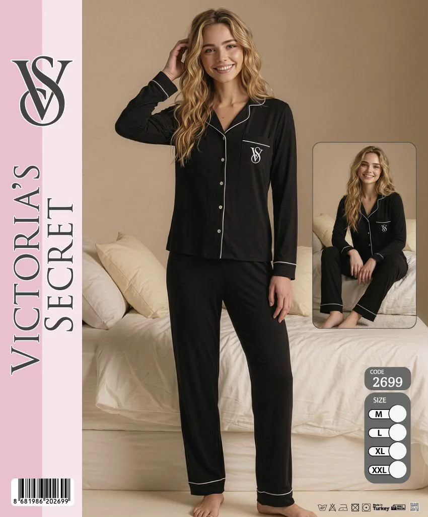 Kadın Siyah Biyeli Düğmeli Uzun Kollu Pijama Takımı