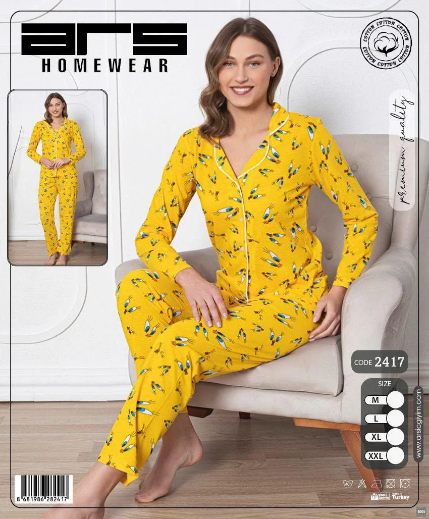 Kadın Sarı Desenli Uzun Kollu Düğmeli Pijama Takımı