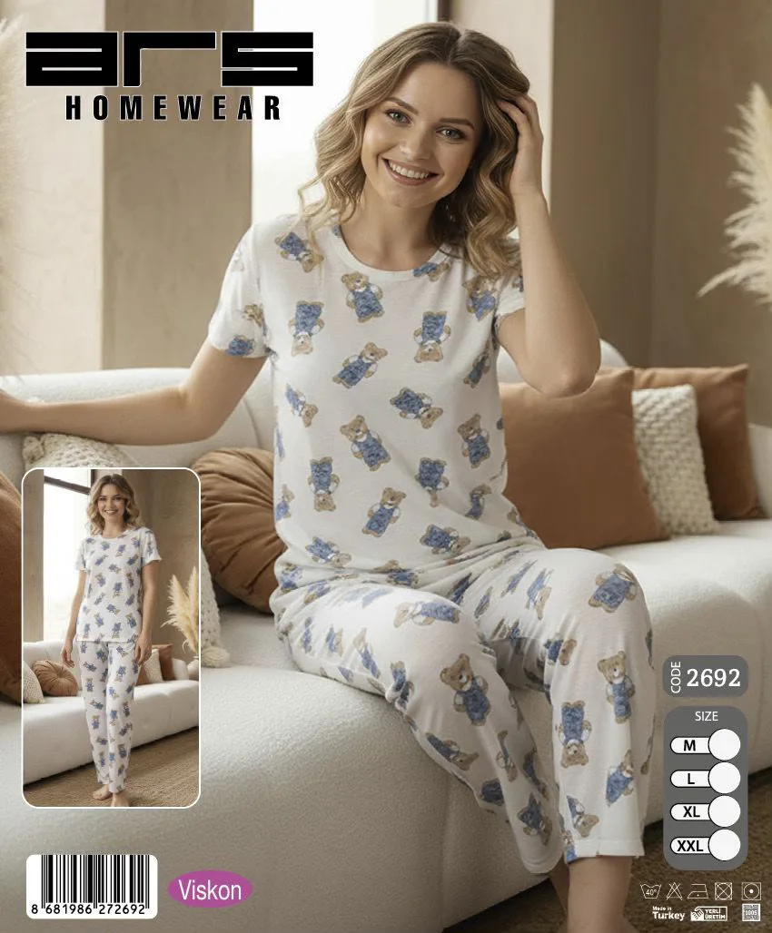 Kadın Ekru Ayıcık Desenli Kısa Kollu Viskon Pijama Takımı