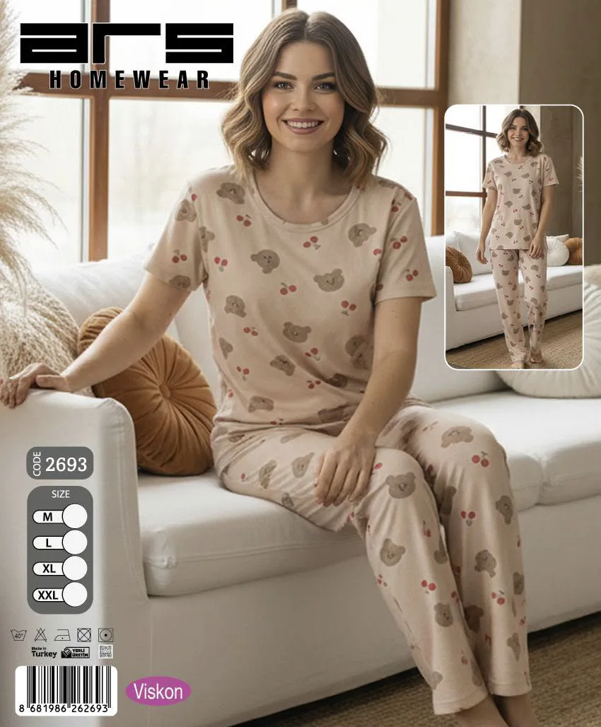 Kadın Pudra Ayıcık ve Kiraz Desenli Kısa Kollu Viskon Pijama Takımı