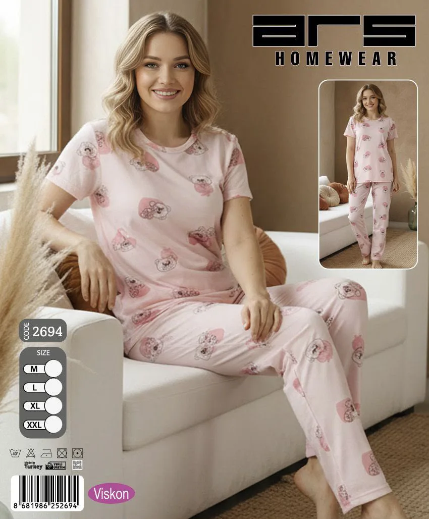 Kadın Pudra Figür Desenli Kısa Kollu Viskon Pijama Takımı