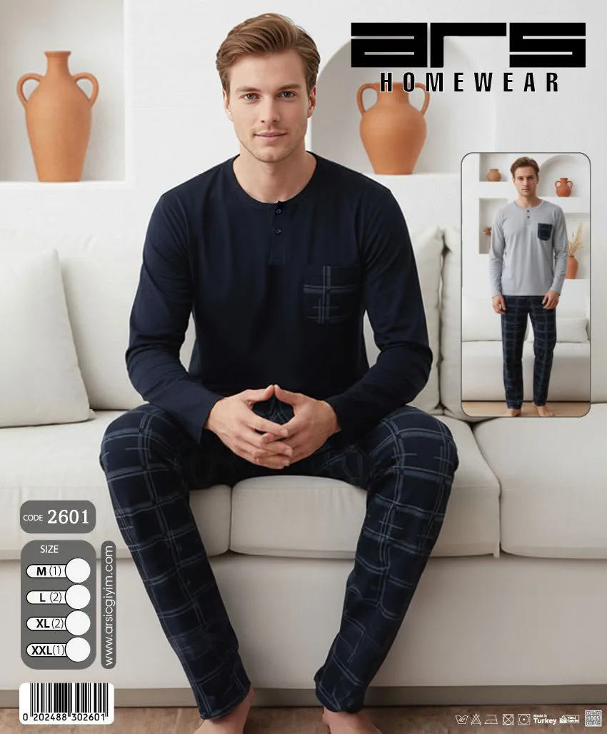 Erkek Lacivert Uzun Kollu Ekose Altlı Pijama Takımı