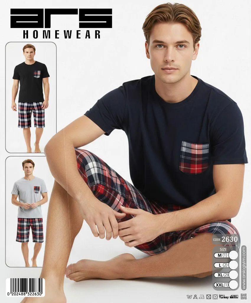 Erkek Lacivert Ekose Şortlu Kısa Kollu Pijama Takımı