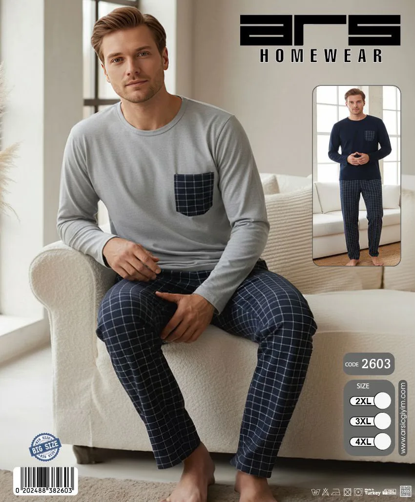 Erkek Gri Ekose Altlı Büyük Beden Uzun Kollu Pijama Takımı (2603)