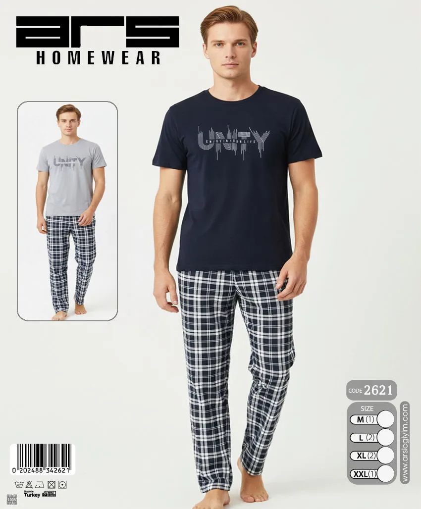 Erkek Lacivert Baskılı Ekose Altlı Kısa Kollu Pijama Takımı (2621)