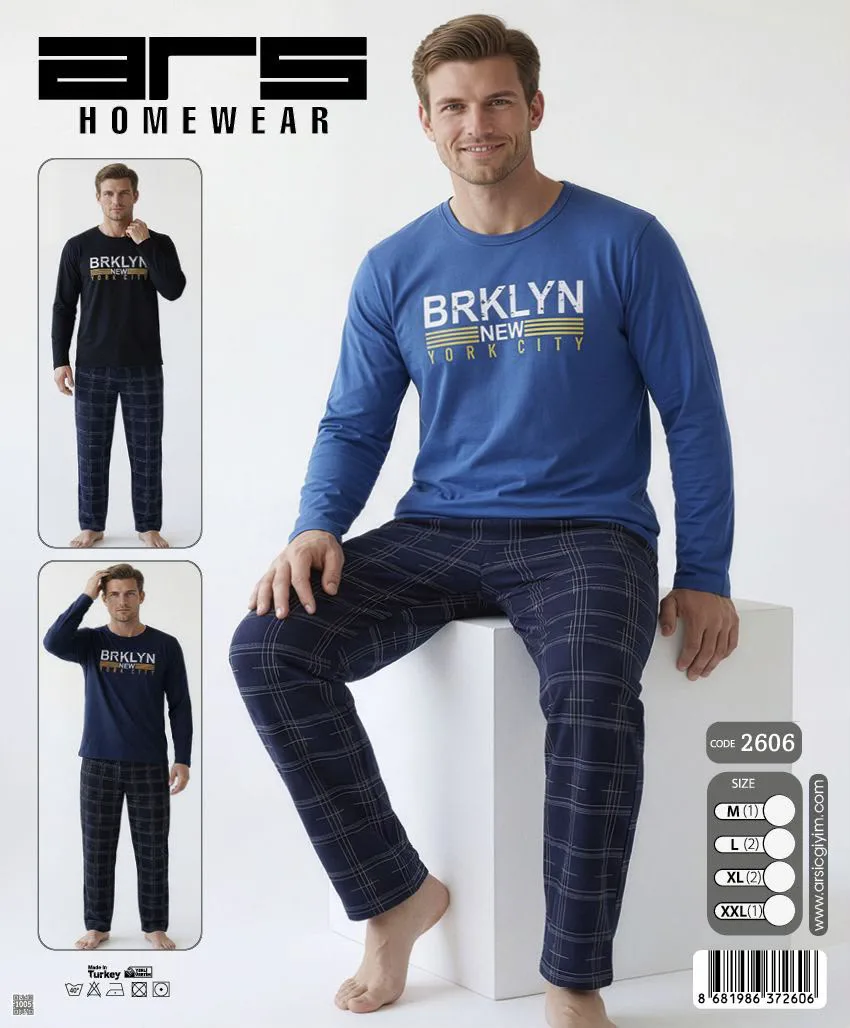 Erkek Mavi Baskılı Ekose Altlı Uzun Kollu Pijama Takımı