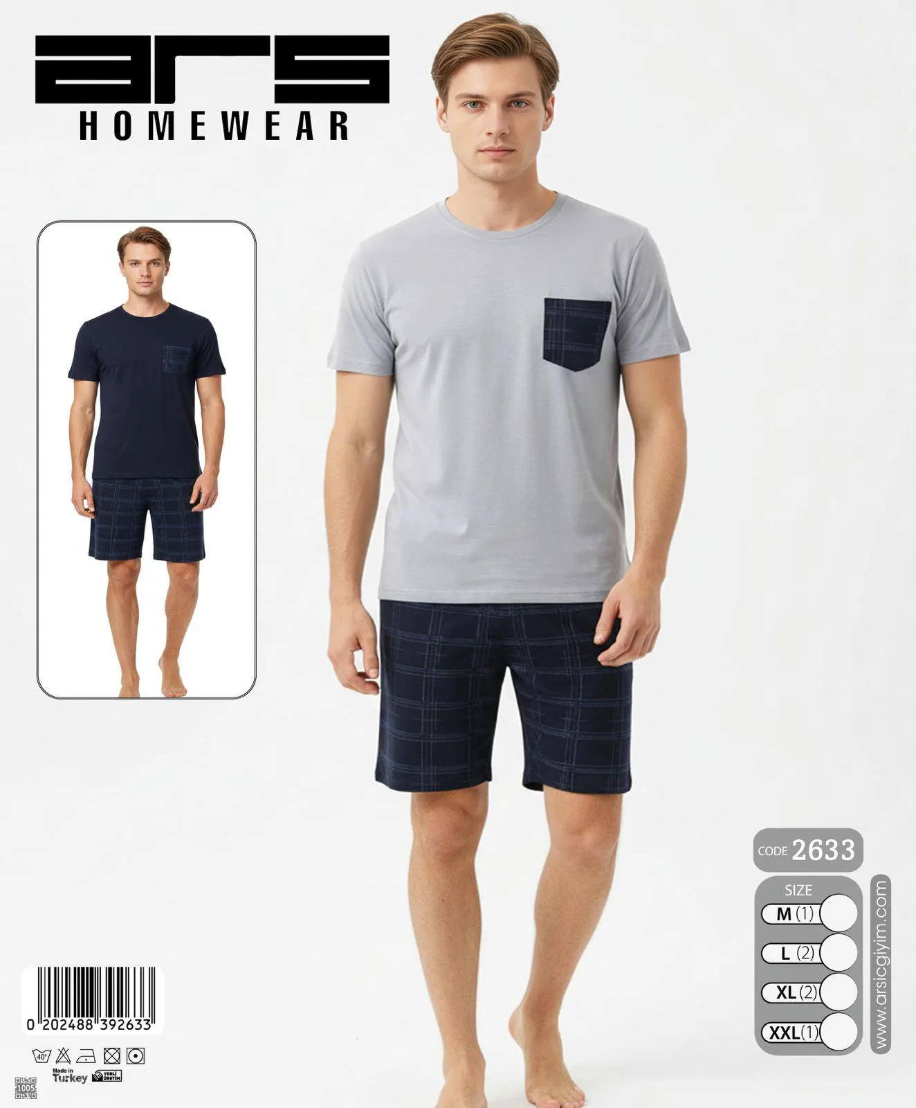 Erkek Gri Ekose Şortlu Kısa Kollu Pijama Takımı