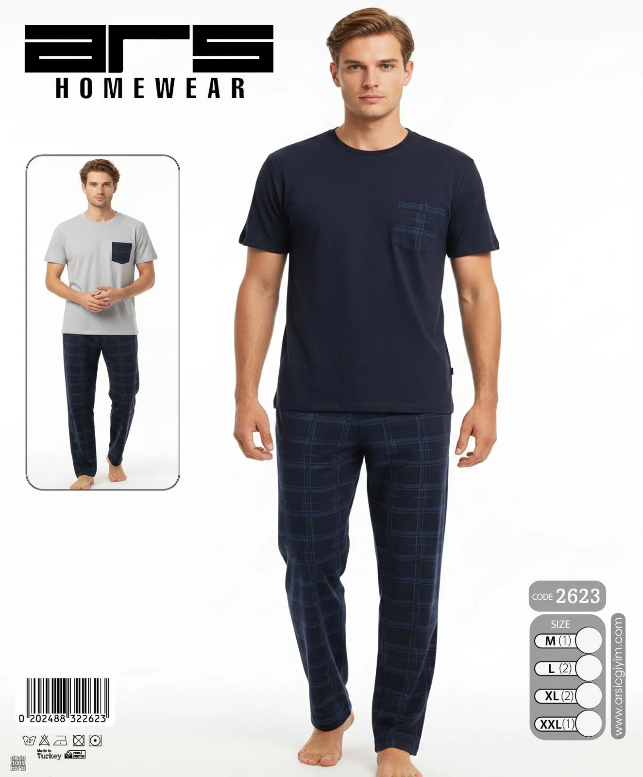 Erkek Lacivert Ekose Altlı Kısa Kollu Pijama Takımı (2623)