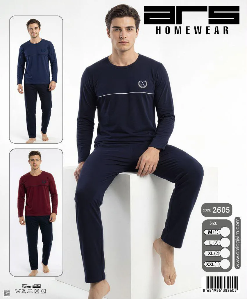 Erkek Lacivert Uzun Kollu Bisiklet Yaka Pijama Takımı