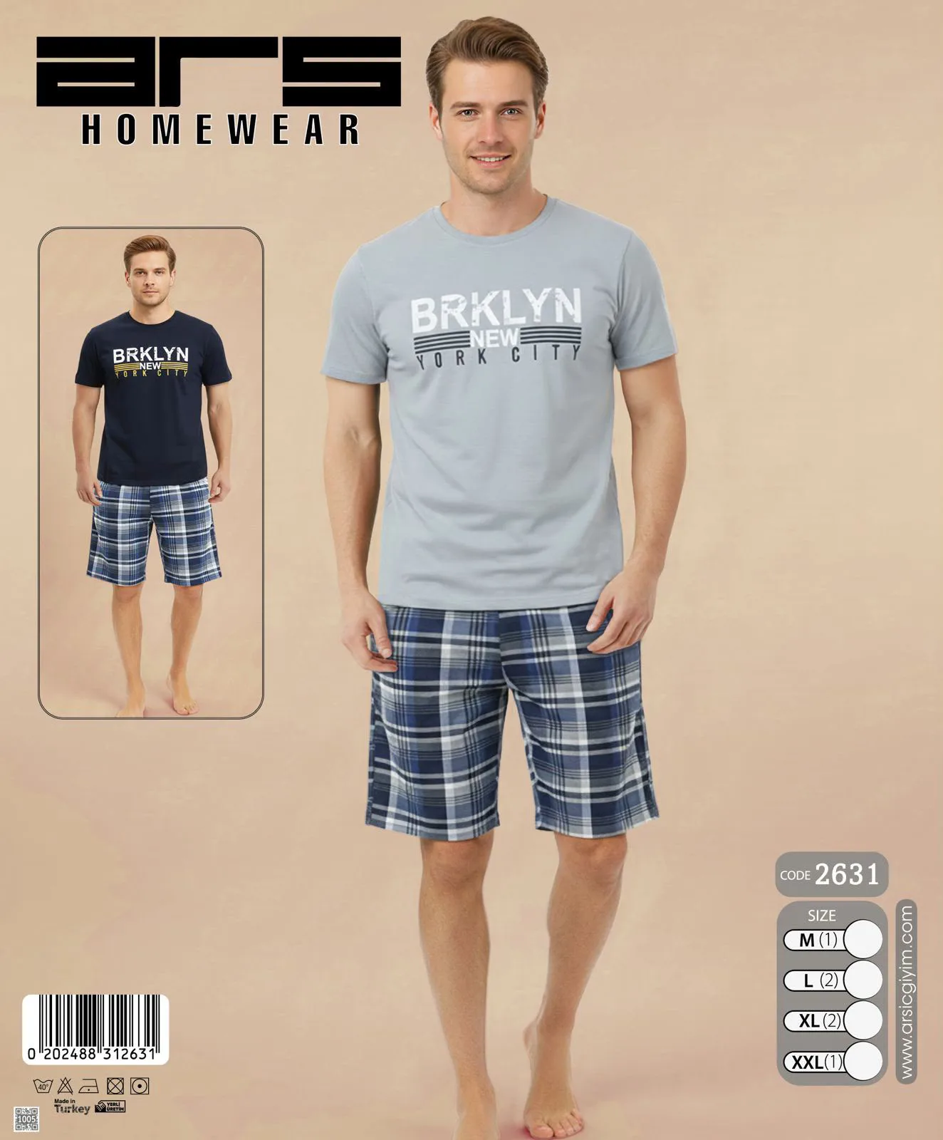 Erkek Gri Baskılı Ekose Şortlu Kısa Kollu Pijama Takımı (2631)