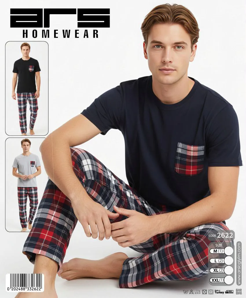 Erkek Lacivert Ekose Altlı Kısa Kollu Pijama Takımı (2622)