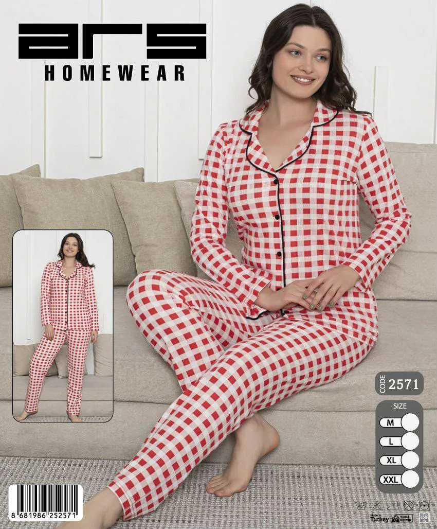 Kadın Kırmızı Beyaz Kareli Pijama Takımı