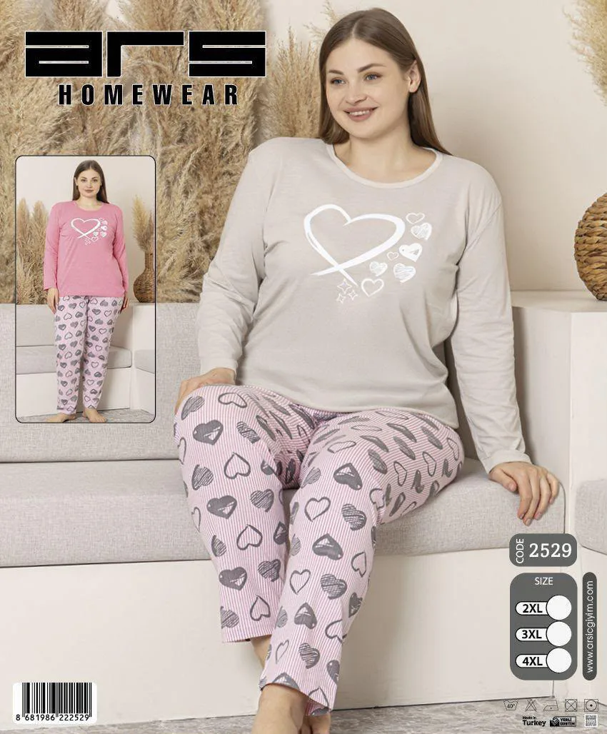 Kadın Taş Rengi Kalp Desenli Büyük Beden Uzun Kollu Pijama Takımı