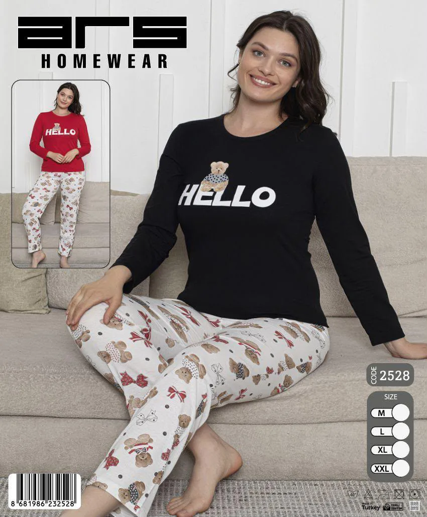Kadın Siyah Ayıcık Desenli Uzun Kollu Pijama Takımı