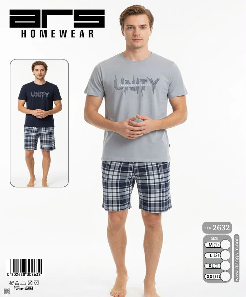 Erkek Gri Baskılı Ekose Şortlu Kısa Kollu Pijama Takımı (26320)