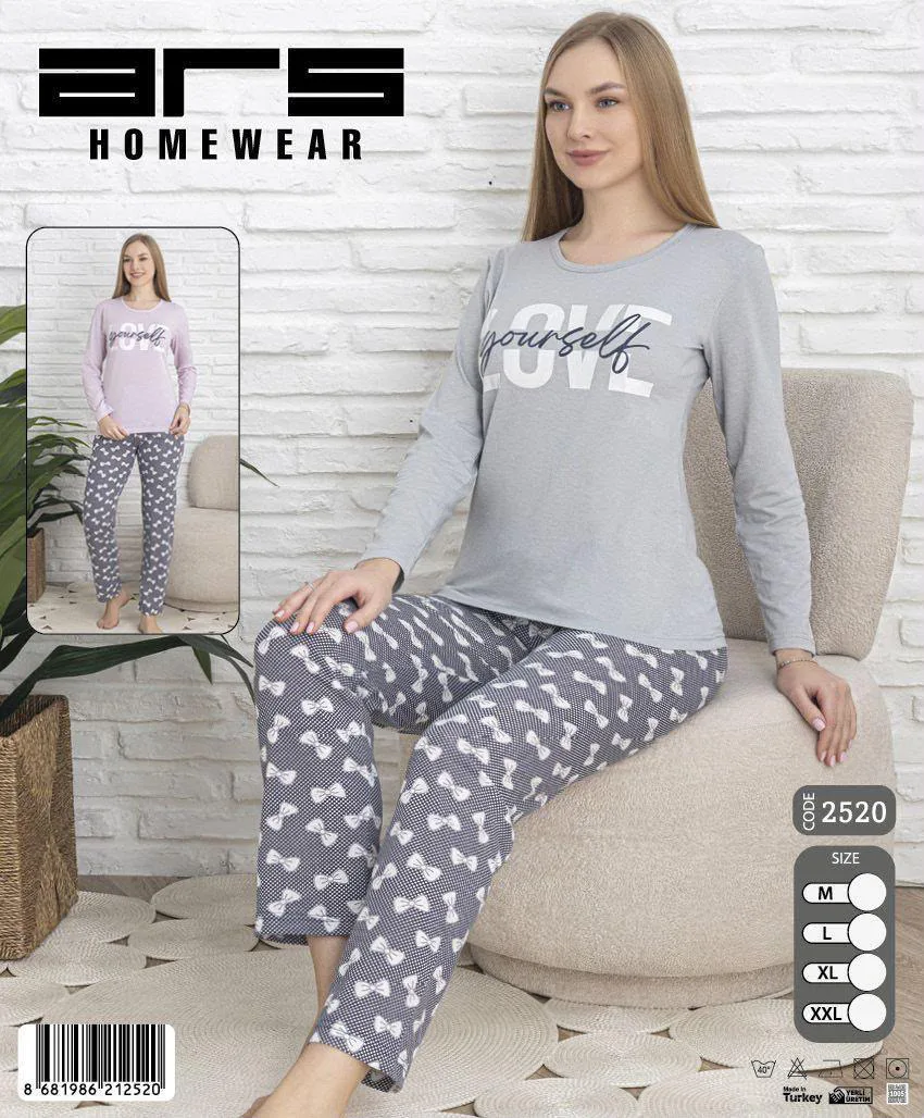 Kadın Gri Fiyonk Desenli Uzun Kollu Pijama Takımı