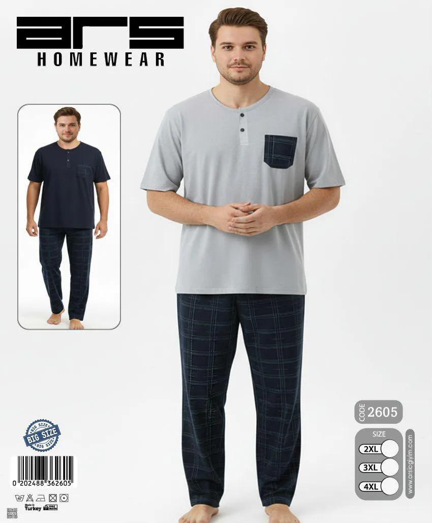 Erkek Gri Ekose Altlı Büyük Beden Kısa Kollu Pijama Takımı (26050)