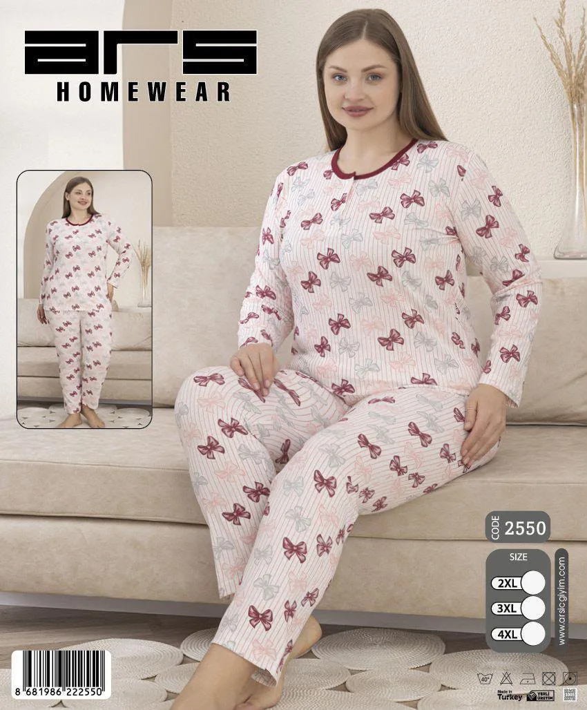 Kadın Ekru Fiyonk Desenli Büyük Beden Uzun Kollu Pijama Takımı (2550)