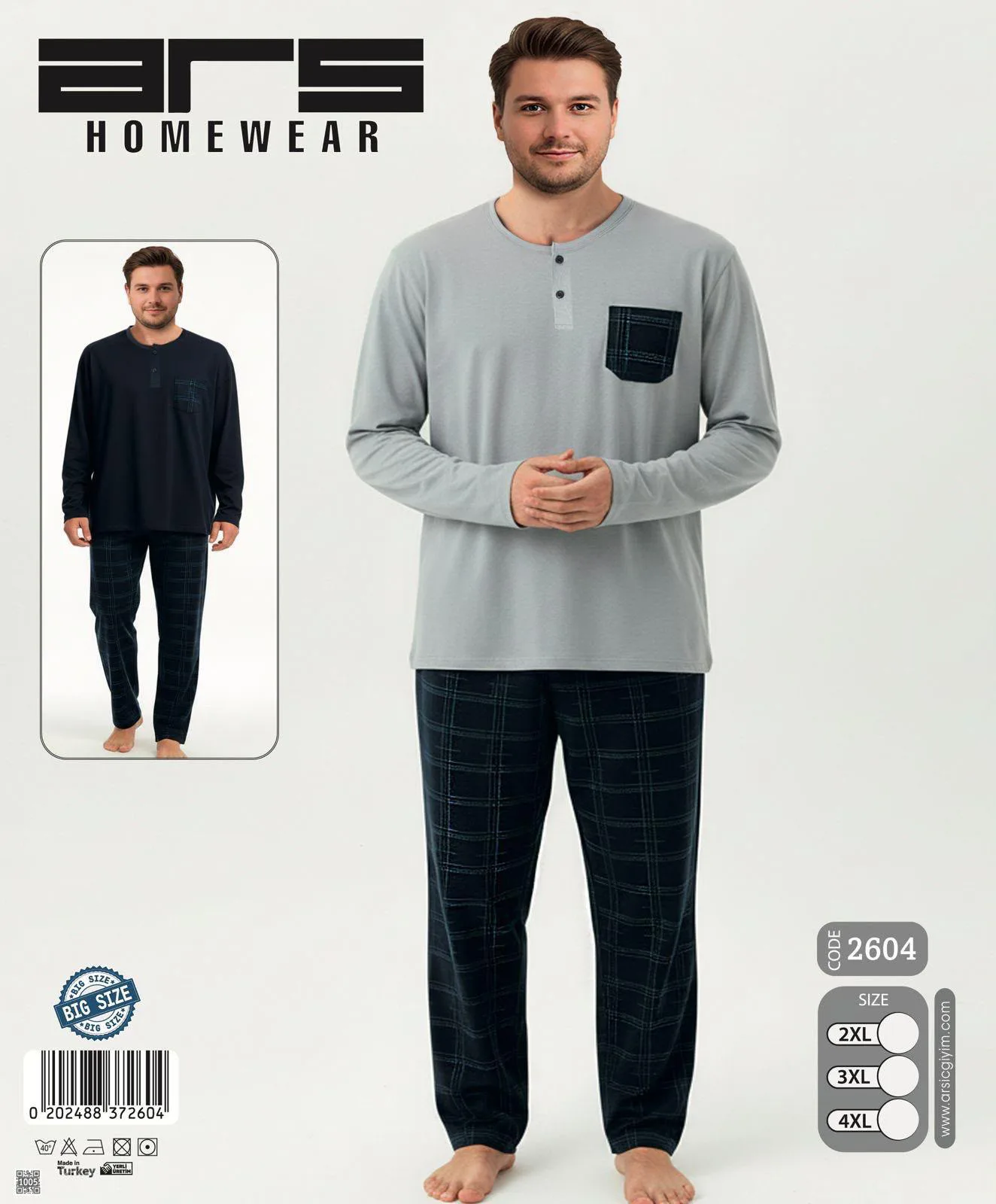 Erkek Gri Ekose Altlı Büyük Beden Uzun Kollu Pijama Takımı (26040)