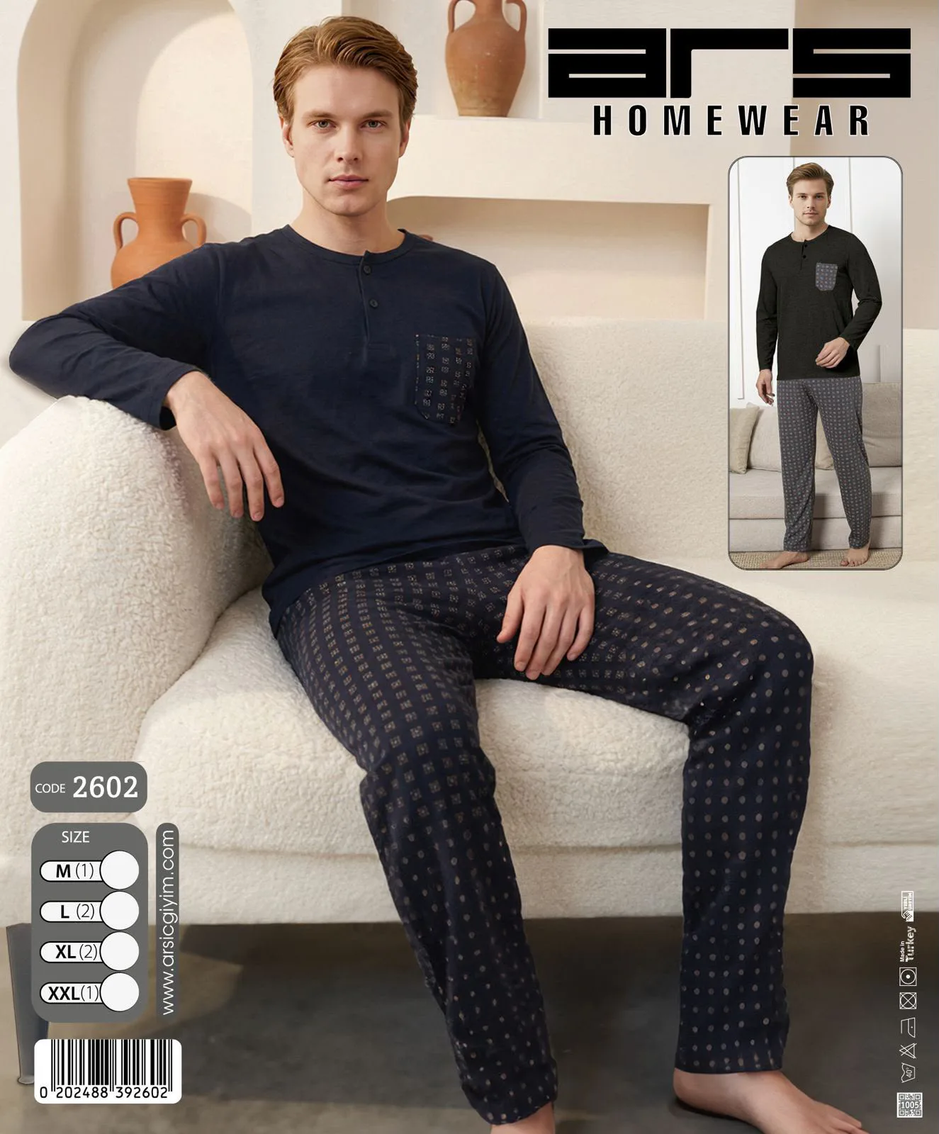 Erkek Lacivert Desenli Altlı Uzun Kollu Pijama Takımı