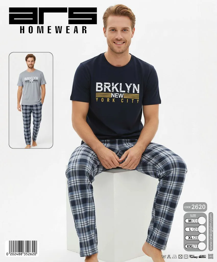 Erkek Lacivert Baskılı Ekose Altlı Kısa Kollu Pijama Takımı (2620)
