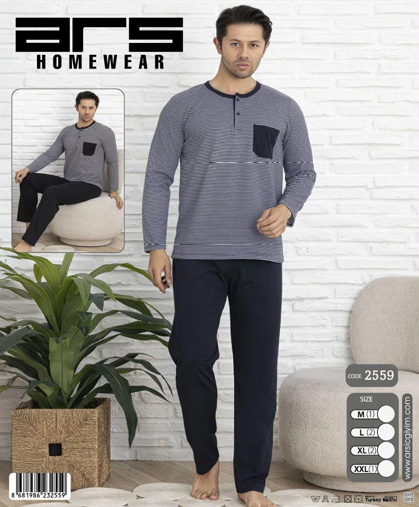 Erkek Lacivert Çizgili Uzun Kollu Pijama Takımı
