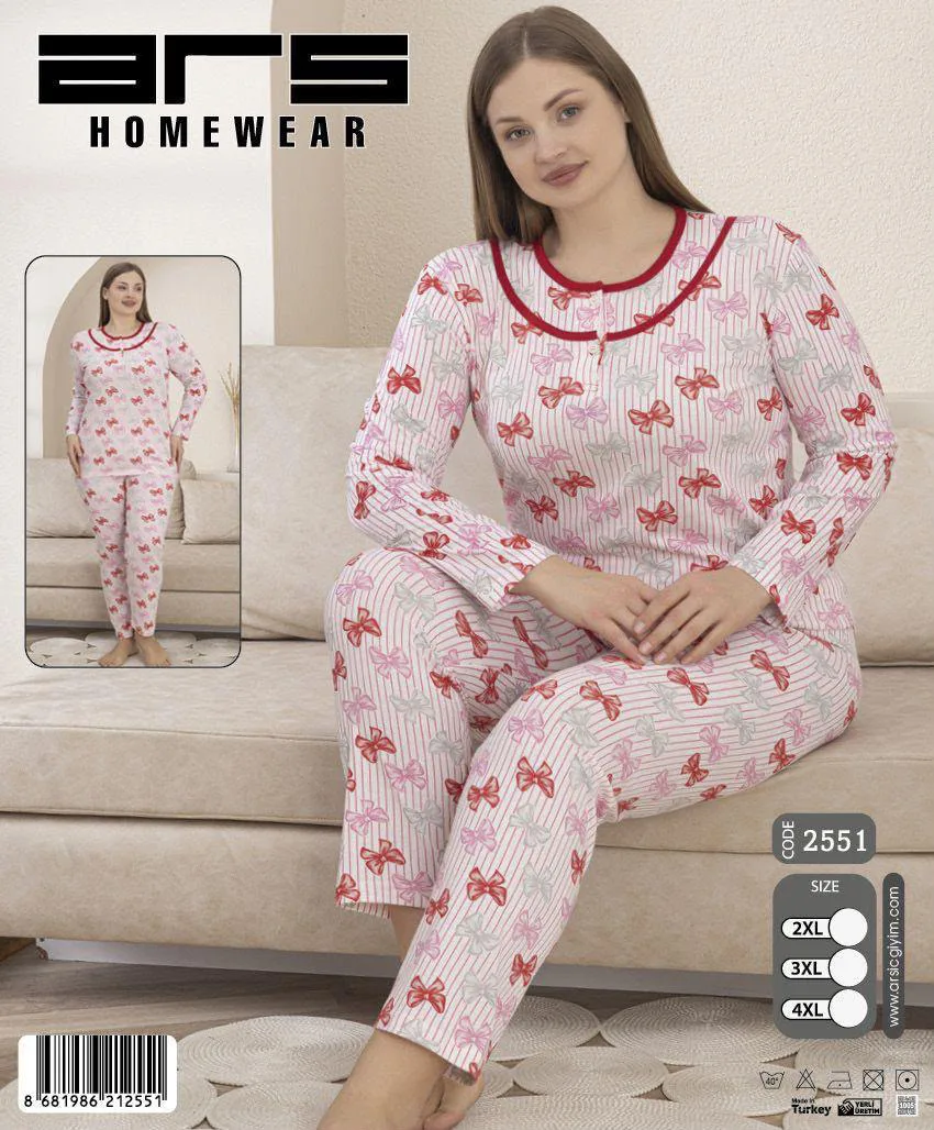 Kadın Ekru Fiyonk Desenli Büyük Beden Uzun Kollu Pijama Takımı (2551)